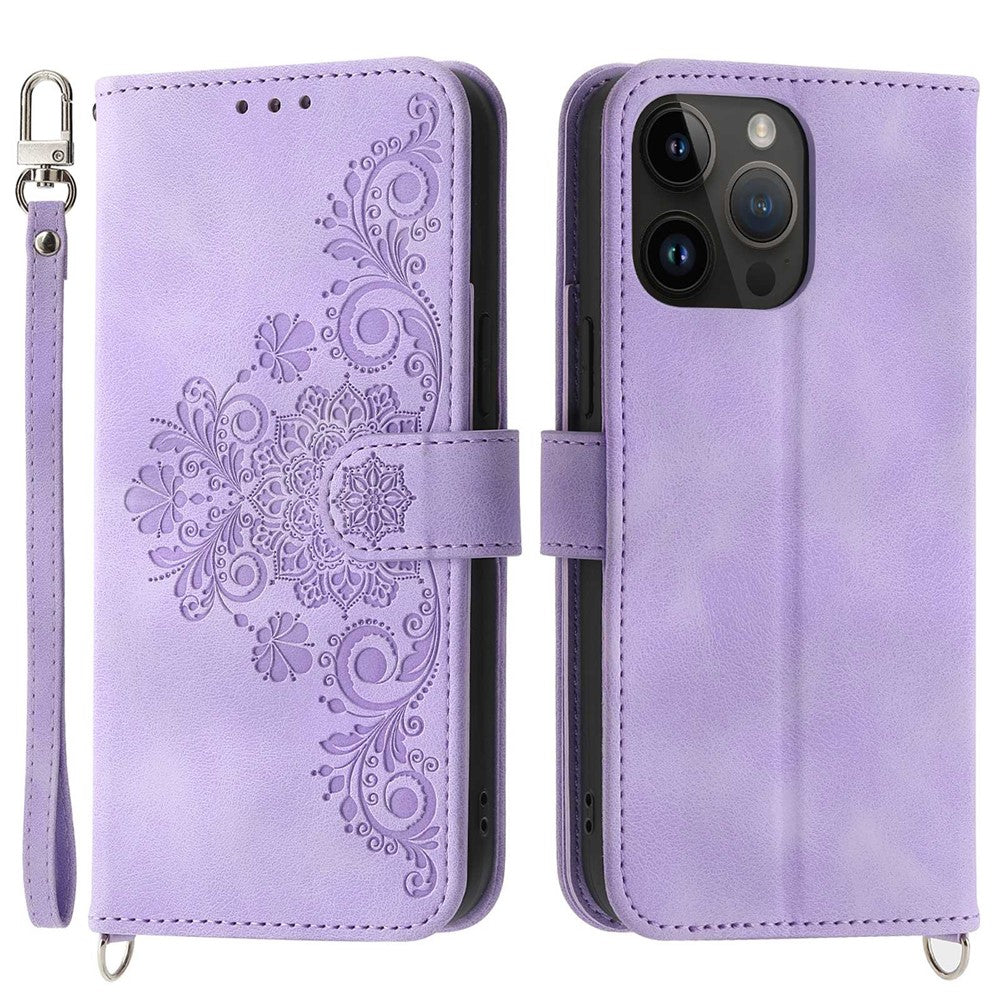 For iPhone 13 Pro Max 6.7 inch Imprinted Flowers Wallet Case Skin-touch PU Leather Handbag Flip Stand Phone Cover with Wrist Strap and Shoulder Strap