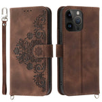 For iPhone 13 Pro Max 6.7 inch Imprinted Flowers Wallet Case Skin-touch PU Leather Handbag Flip Stand Phone Cover with Wrist Strap and Shoulder Strap