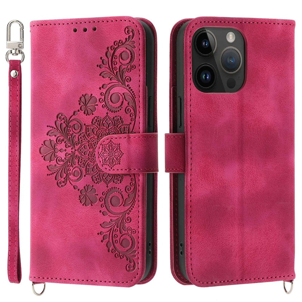 For iPhone 13 Pro Max 6.7 inch Imprinted Flowers Wallet Case Skin-touch PU Leather Handbag Flip Stand Phone Cover with Wrist Strap and Shoulder Strap