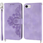 Til iPhone 8 / 7 / SE (2020) / SE (2022) Imprinted Flowers Mønster Skin-touch Læder Cover Stativ Pung Etui med Håndledsrem og Skulderrem