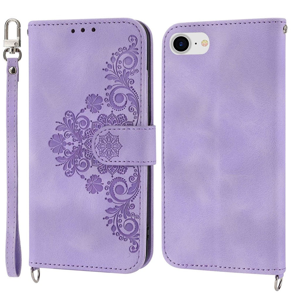 Til iPhone 8 / 7 / SE (2020) / SE (2022) Imprinted Flowers Mønster Skin-touch Læder Cover Stativ Pung Etui med Håndledsrem og Skulderrem