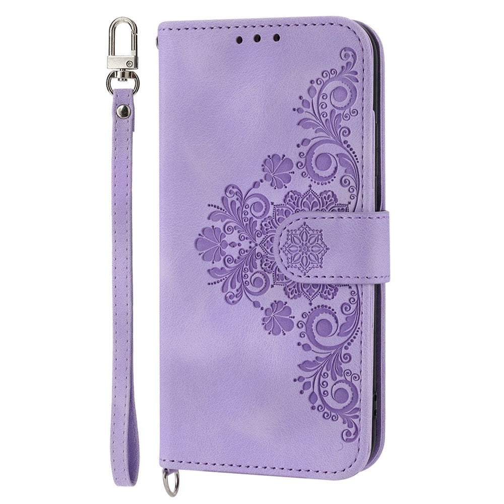 Til iPhone 8 / 7 / SE (2020) / SE (2022) Imprinted Flowers Mønster Skin-touch Læder Cover Stativ Pung Etui med Håndledsrem og Skulderrem