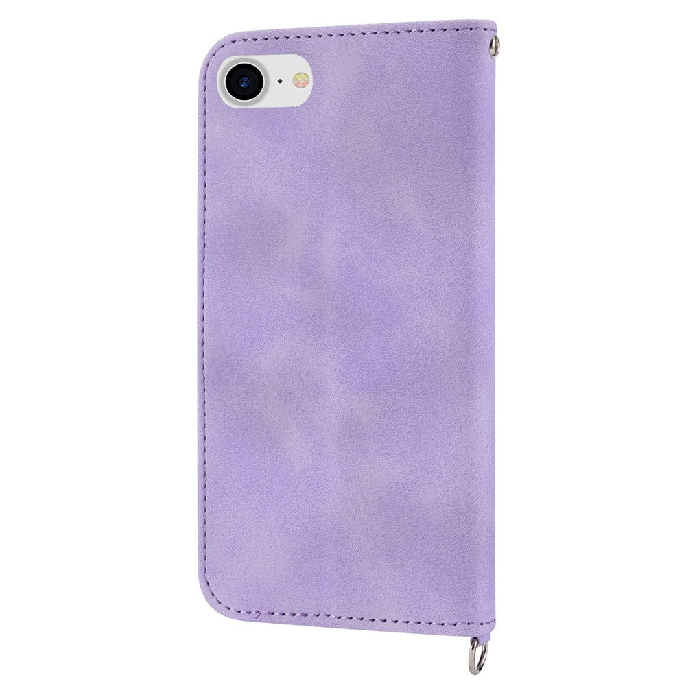 Til iPhone 8 / 7 / SE (2020) / SE (2022) Imprinted Flowers Mønster Skin-touch Læder Cover Stativ Pung Etui med Håndledsrem og Skulderrem