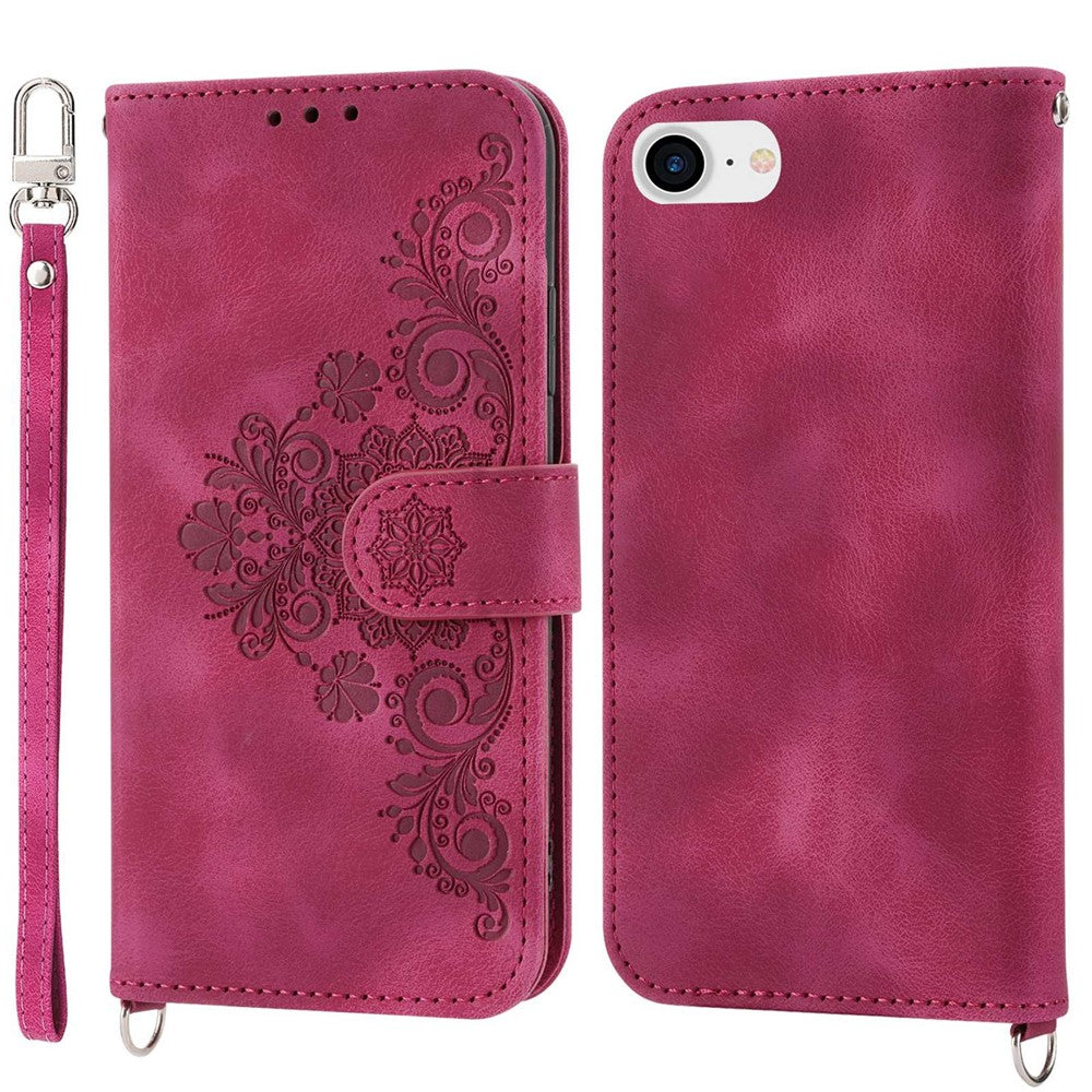 Til iPhone 8 / 7 / SE (2020) / SE (2022) Imprinted Flowers Mønster Skin-touch Læder Cover Stativ Pung Etui med Håndledsrem og Skulderrem