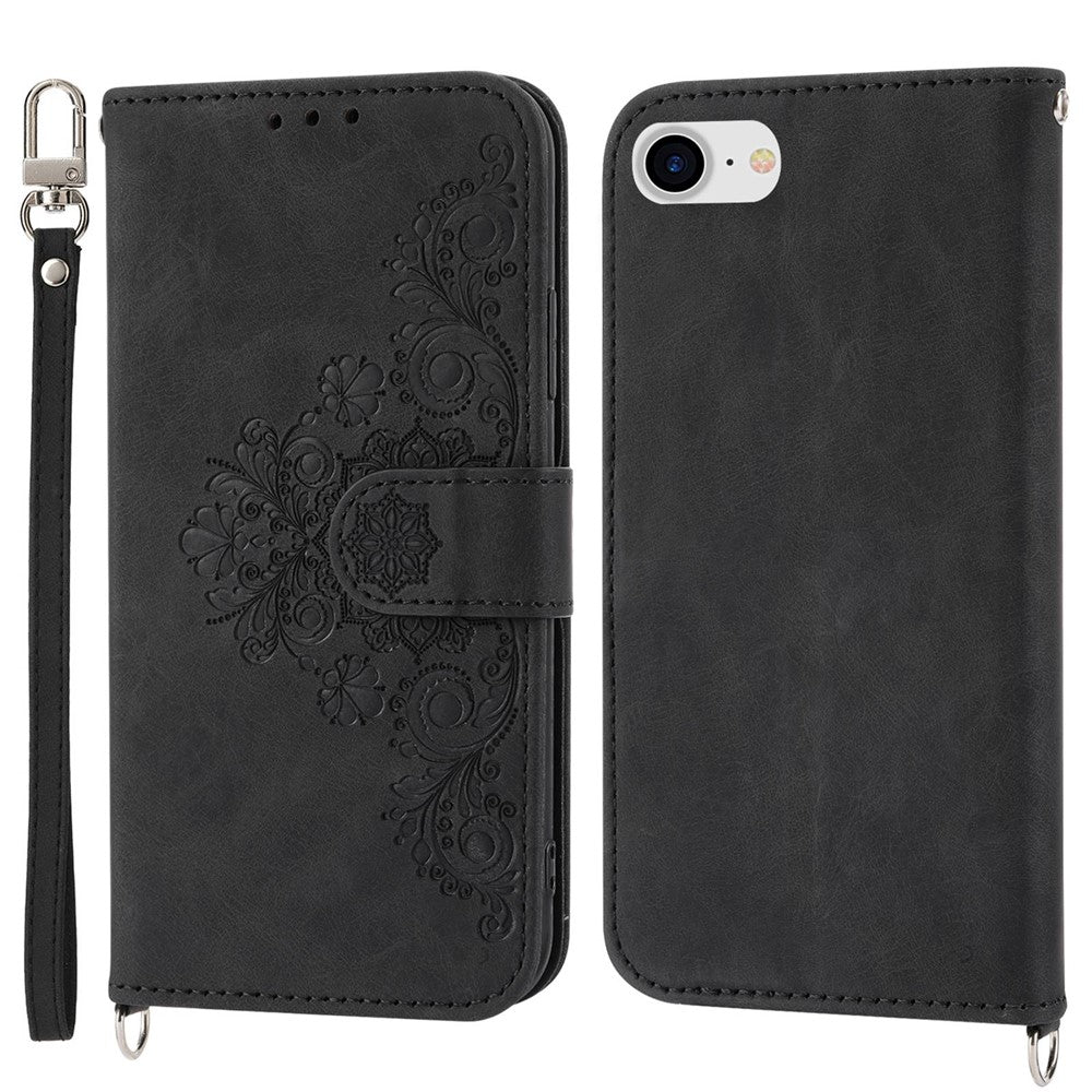 Til iPhone 8 / 7 / SE (2020) / SE (2022) Imprinted Flowers Mønster Skin-touch Læder Cover Stativ Pung Etui med Håndledsrem og Skulderrem