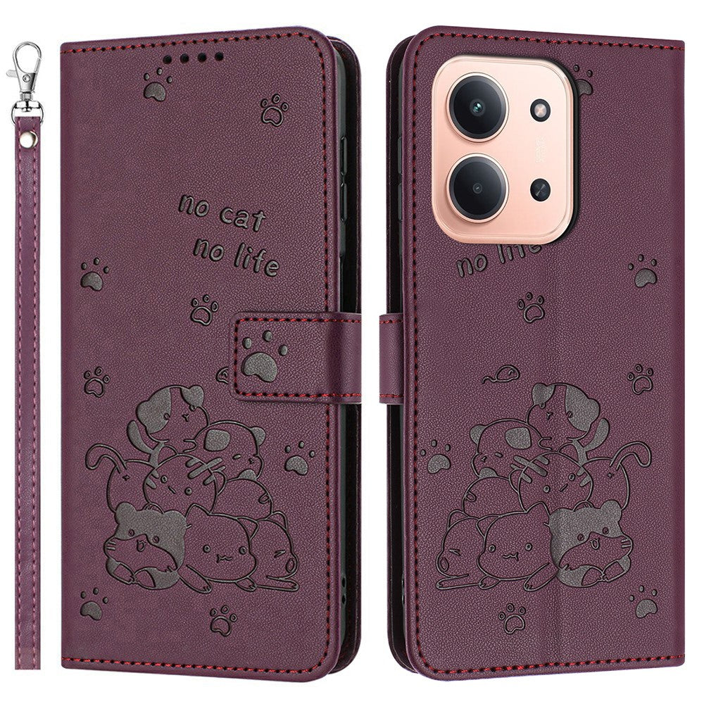 For Xiaomi Redmi 15C 4G (EU) (173mm) / 15C 5G (EU) (173mm) / Poco C85 4G (173mm) Wallet Case Cats Imprint Leather Phone Cover with Strap