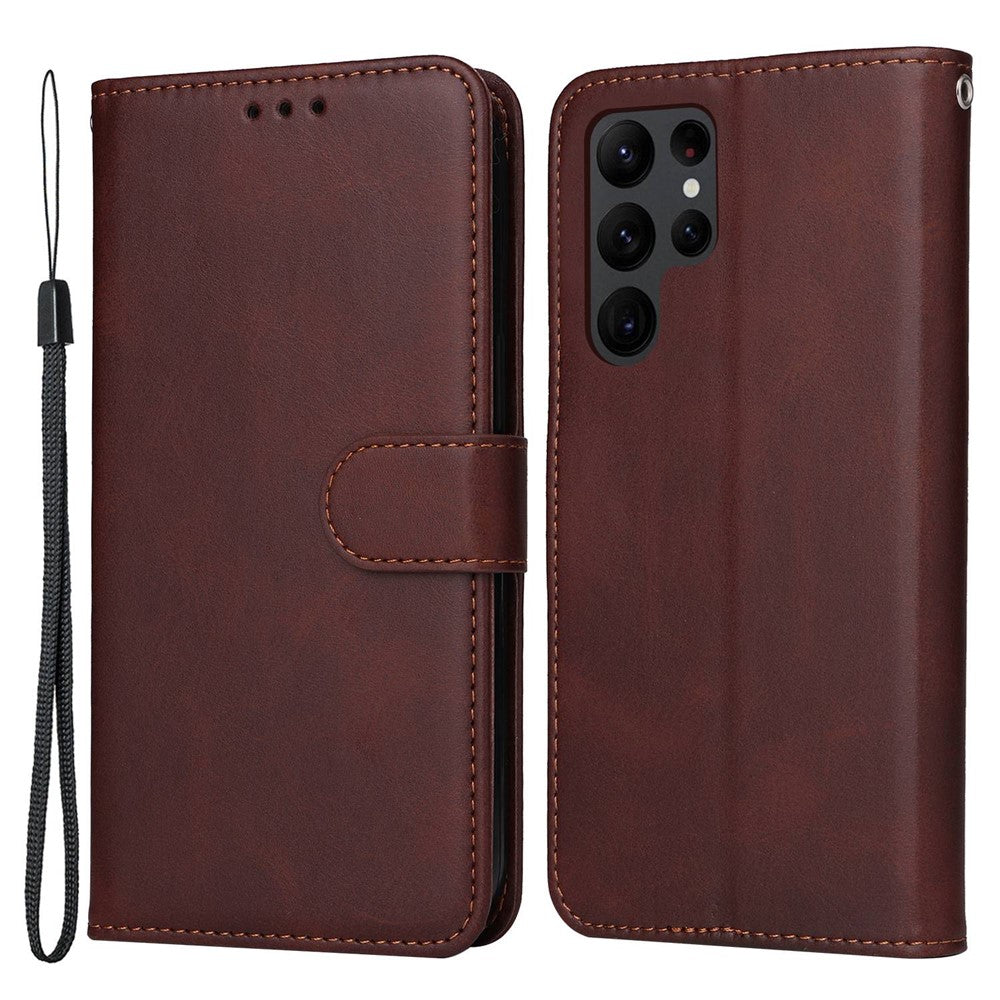 For Samsung Galaxy S23 Ultra Phone Cover Classic Calf Texture PU Leather Magnetic Clasp Wallet Stand Case with Wrist Strap
