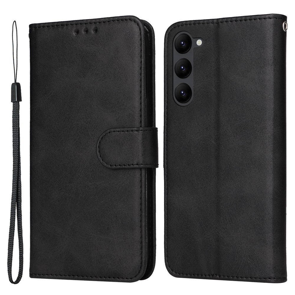Cell Phone Case for Samsung Galaxy S23, Magnetic Clasp Classic Calf Texture PU Leather Wallet Stand Cover with Wrist Strap
