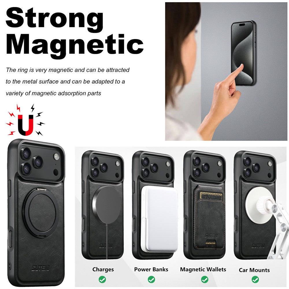 SUTENI G3 Til iPhone 17 Pro Etui Kompatibel med MagSafe Vokset Tekstur Roterende Støtteben Læder Telefon Bagcover
