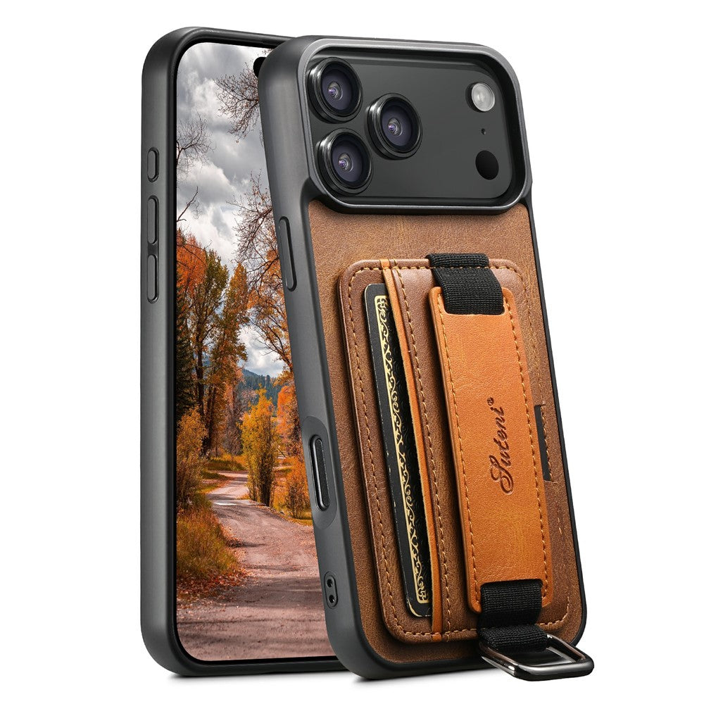 SUTENI H13 For iPhone 17 Pro Case Card Holder Wristband Waxy Texture Leather + TPU + PC Cover