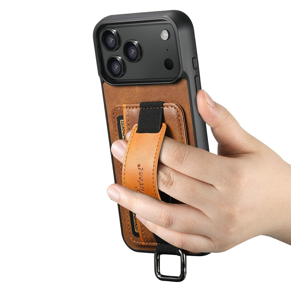 SUTENI H13 For iPhone 17 Pro Case Card Holder Wristband Waxy Texture Leather + TPU + PC Cover