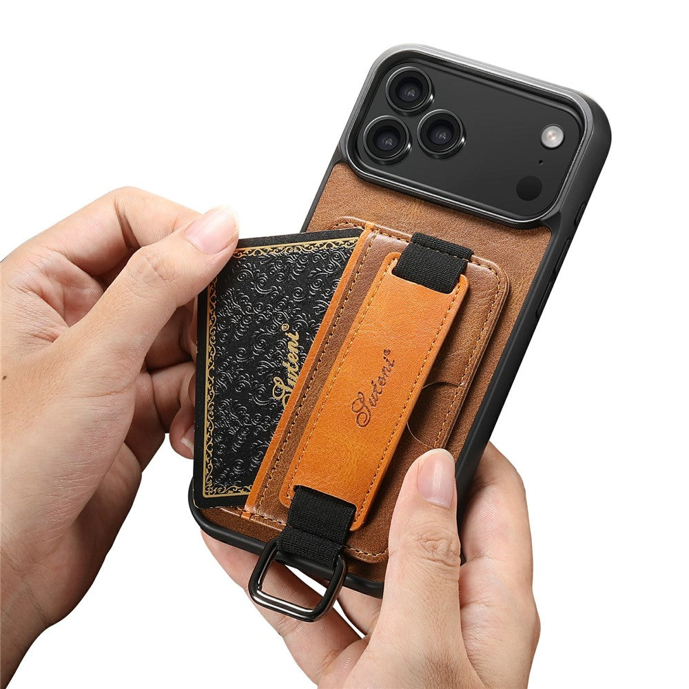SUTENI H13 For iPhone 17 Pro Case Card Holder Wristband Waxy Texture Leather + TPU + PC Cover