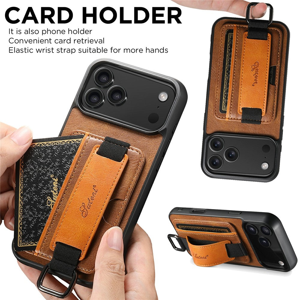 SUTENI H13 For iPhone 17 Pro Case Card Holder Wristband Waxy Texture Leather + TPU + PC Cover