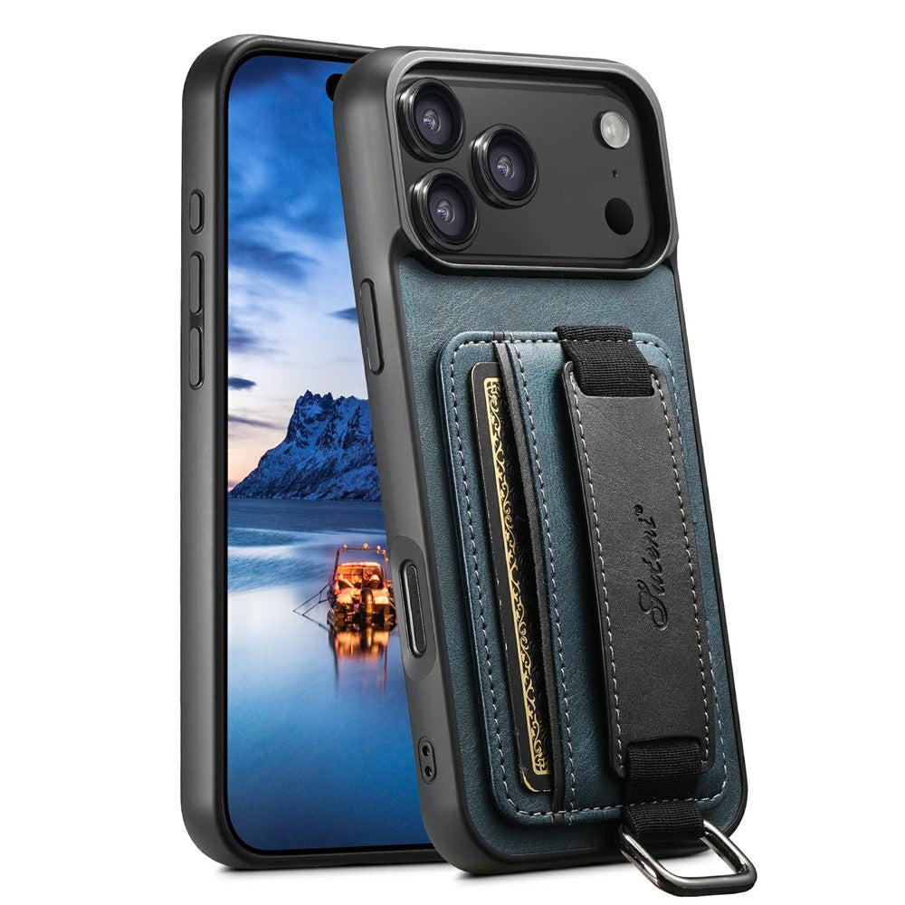 SUTENI H13 For iPhone 17 Pro Case Card Holder Wristband Waxy Texture Leather + TPU + PC Cover