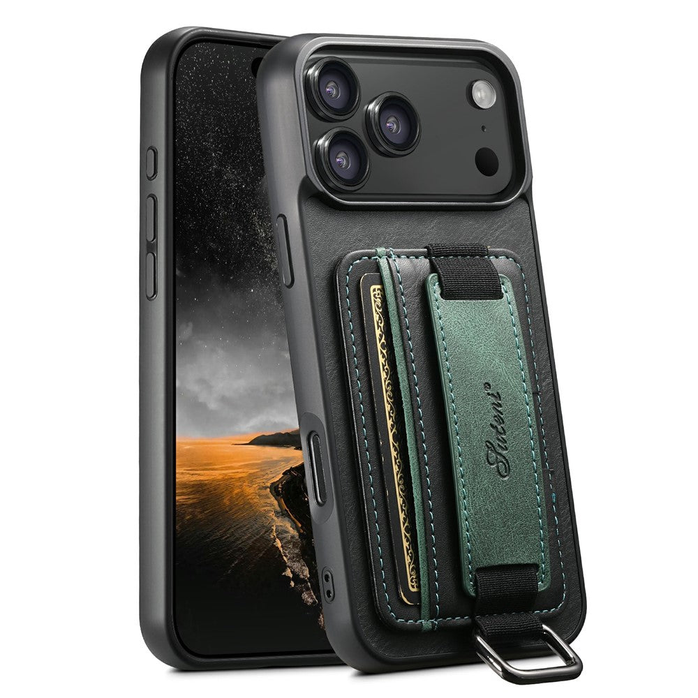 SUTENI H13 For iPhone 17 Pro Case Card Holder Wristband Waxy Texture Leather + TPU + PC Cover