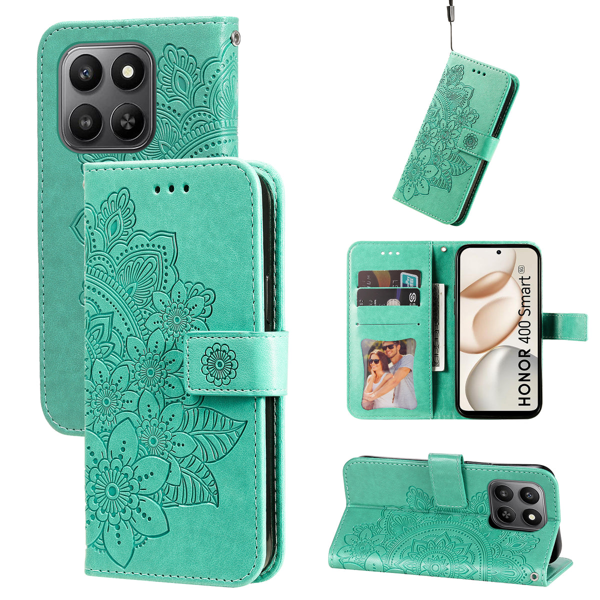 For Honor 400 Smart 5G / 4G / X7d 4G Cover Blomstret mønster PU læder tegnebog stander telefoncover