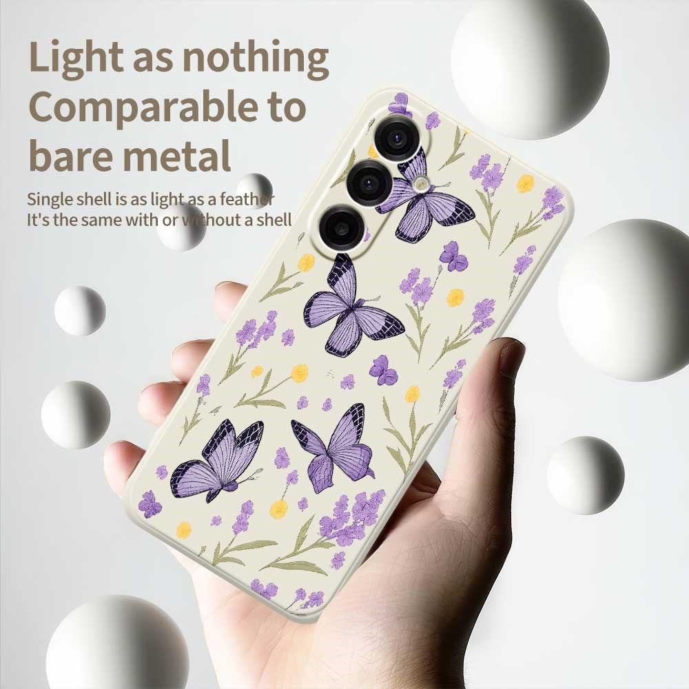 Samsung Galaxy A18 5G / A18 4G / A17 5G / A17 4G skal lila fjärilsmönster tryck rak kant TPU mobil baksida