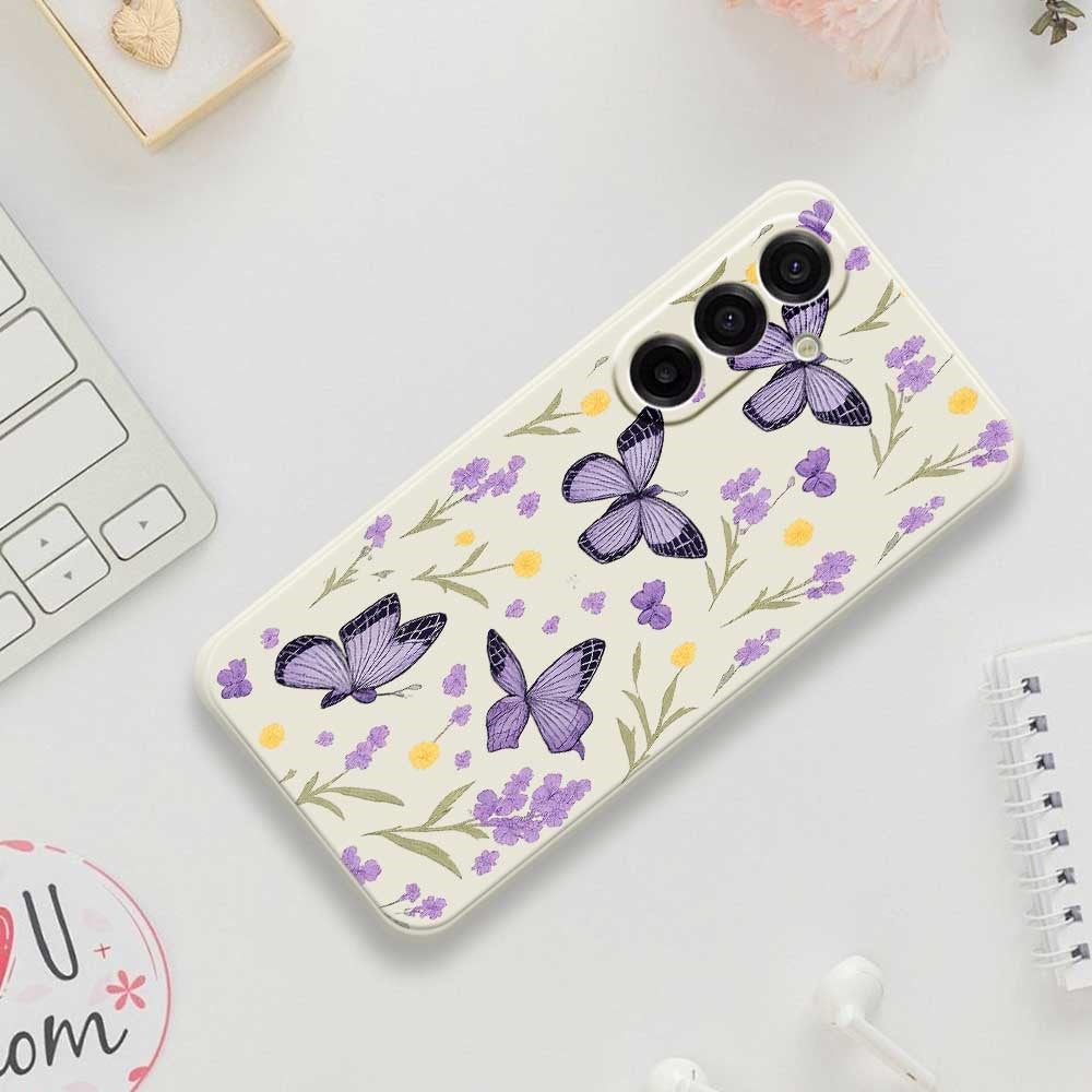 Samsung Galaxy A18 5G / A18 4G / A17 5G / A17 4G skal lila fjärilsmönster tryck rak kant TPU mobil baksida