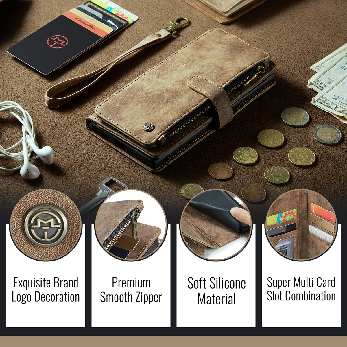 CASEME For iPhone 17 Wallet Case C30 Leather Phone Cover with 10 Card Holder Zipper Pocket