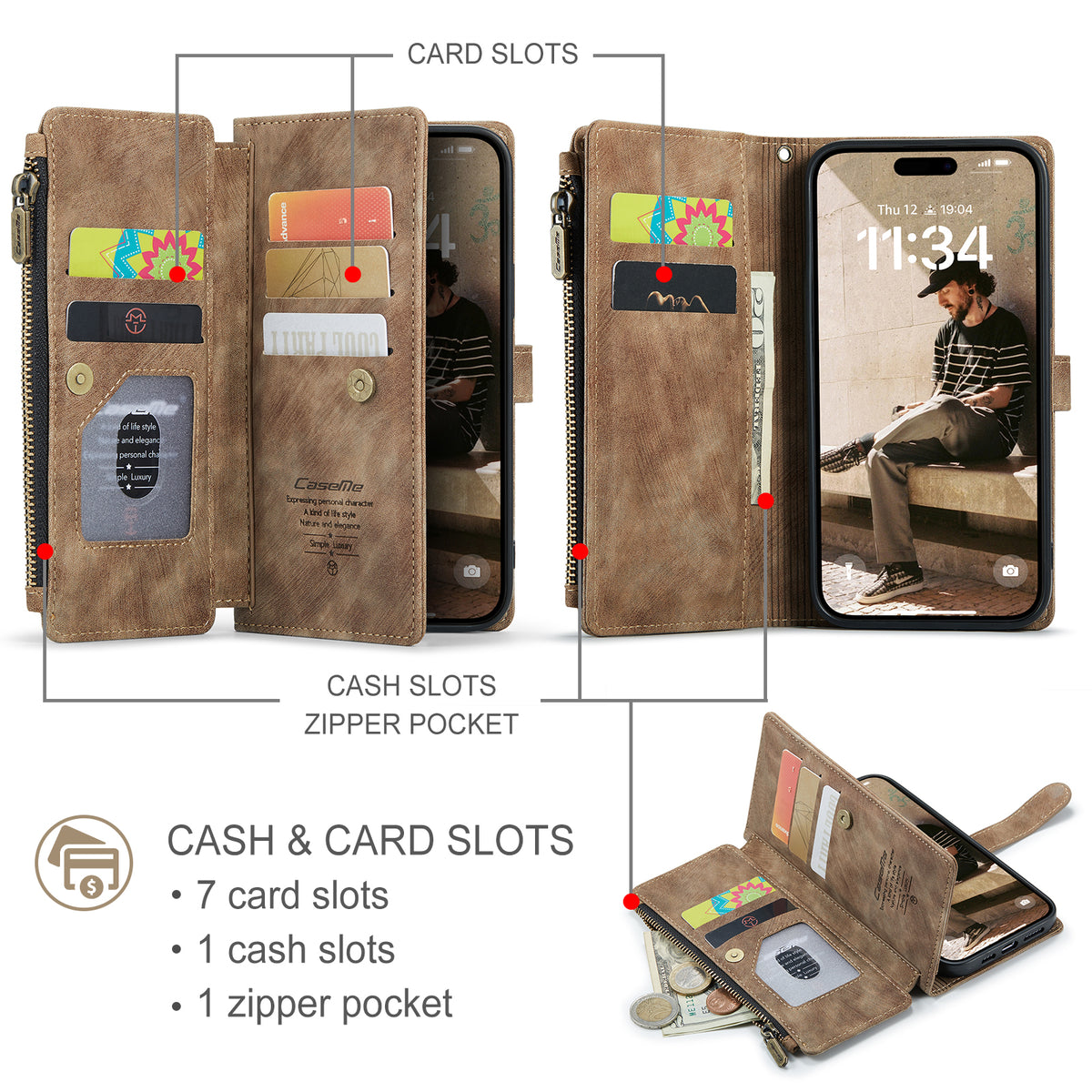 CASEME For iPhone 17 Wallet Case C30 Leather Phone Cover with 10 Card Holder Zipper Pocket