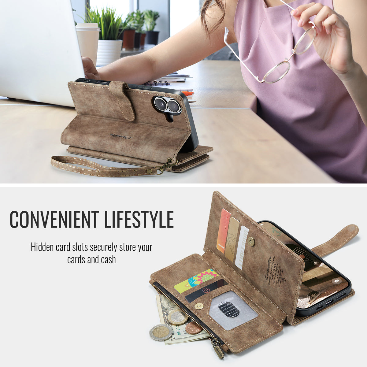 CASEME For iPhone 17 Wallet Case C30 Leather Phone Cover with 10 Card Holder Zipper Pocket