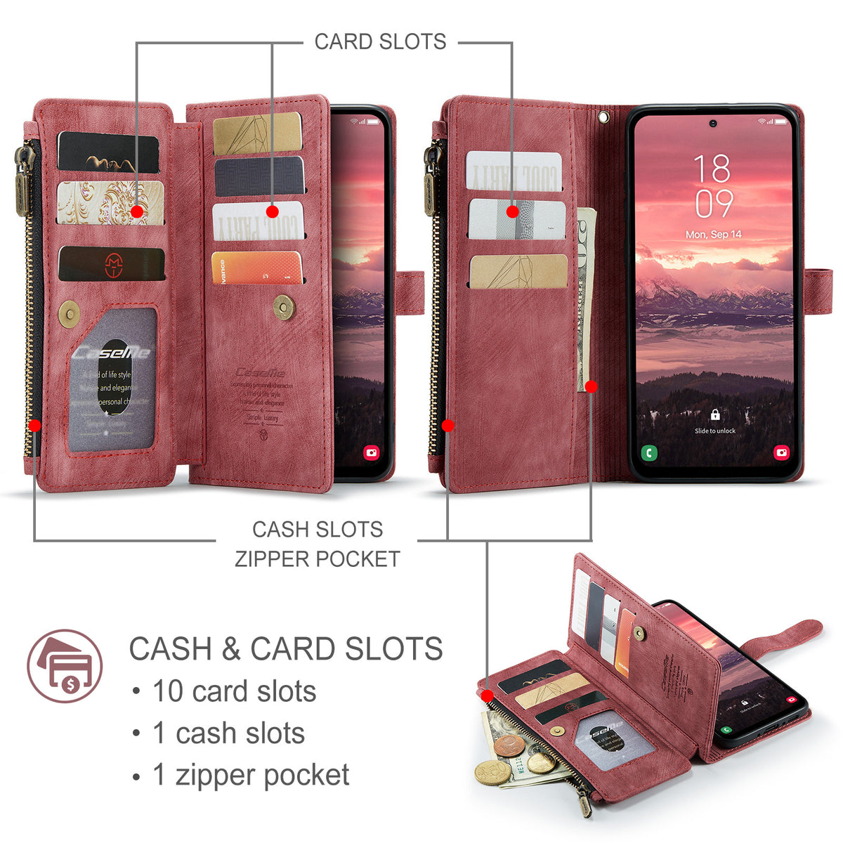 CASEME-cover til Samsung Galaxy A18 5G / A18 4G / A17 5G / A17 4G med rem, C30-lynlås og flere kortholdere, PU-læderetui