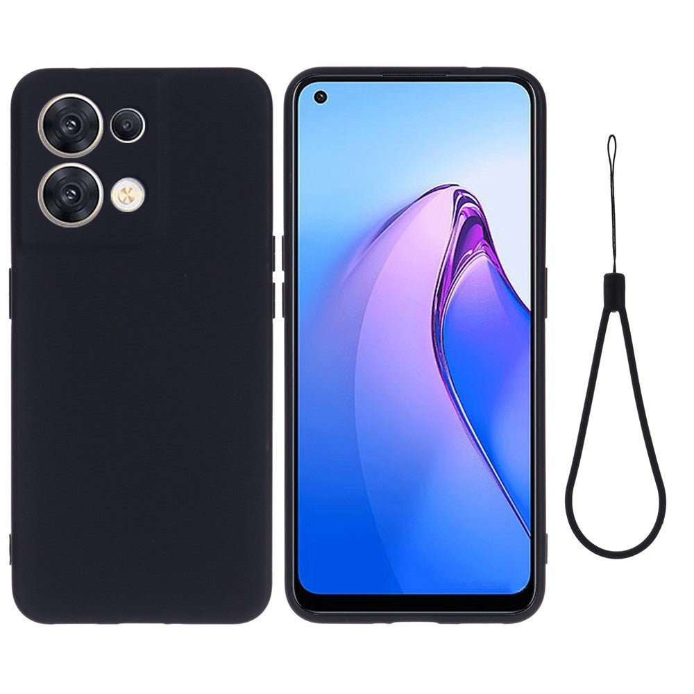 For Oppo Reno8 5G (Global Version) Soft Liquid Silicone Case Anti-Fingerprint Anti-Scratch Fiber Lining Camera Protective Phone Cover with Strap