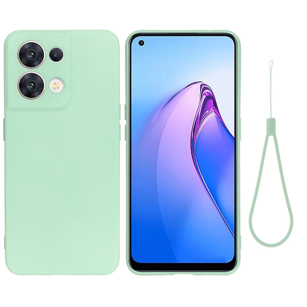For Oppo Reno8 5G (Global Version) Soft Liquid Silicone Case Anti-Fingerprint Anti-Scratch Fiber Lining Camera Protective Phone Cover with Strap