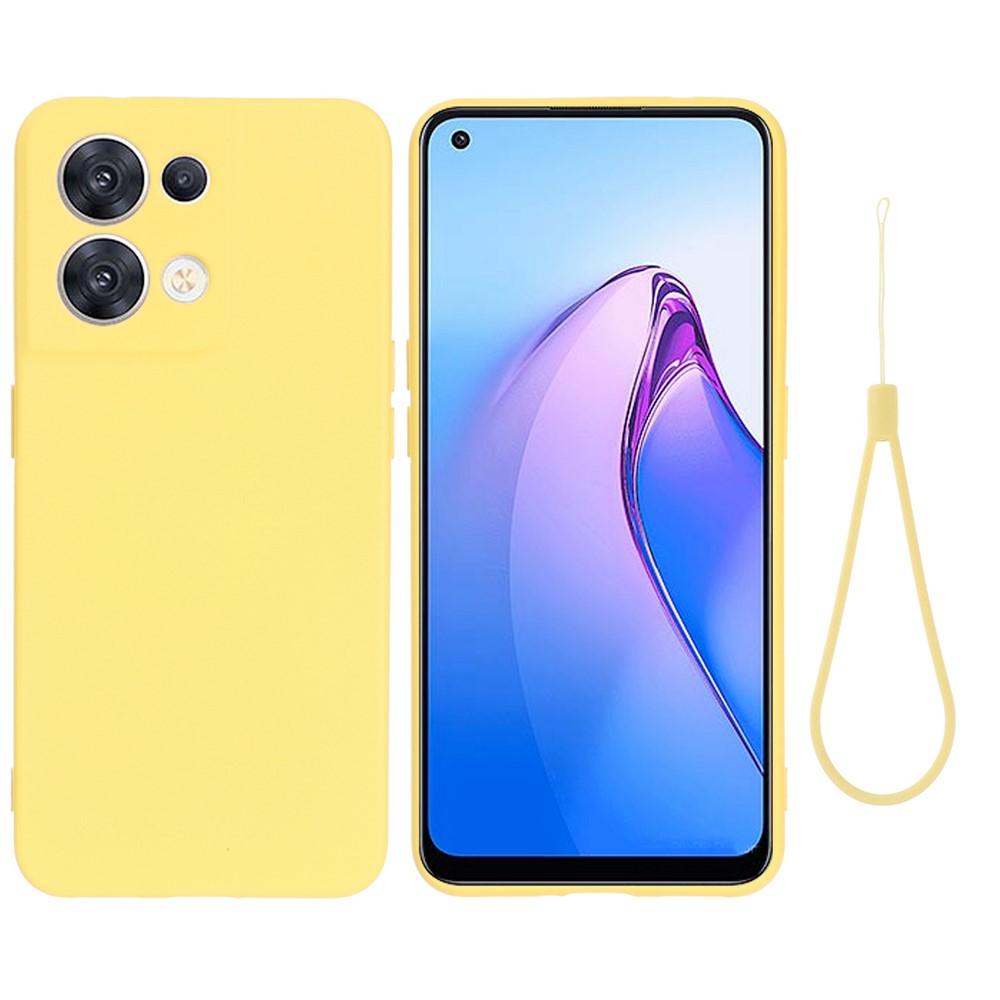 For Oppo Reno8 5G (Global Version) Soft Liquid Silicone Case Anti-Fingerprint Anti-Scratch Fiber Lining Camera Protective Phone Cover with Strap