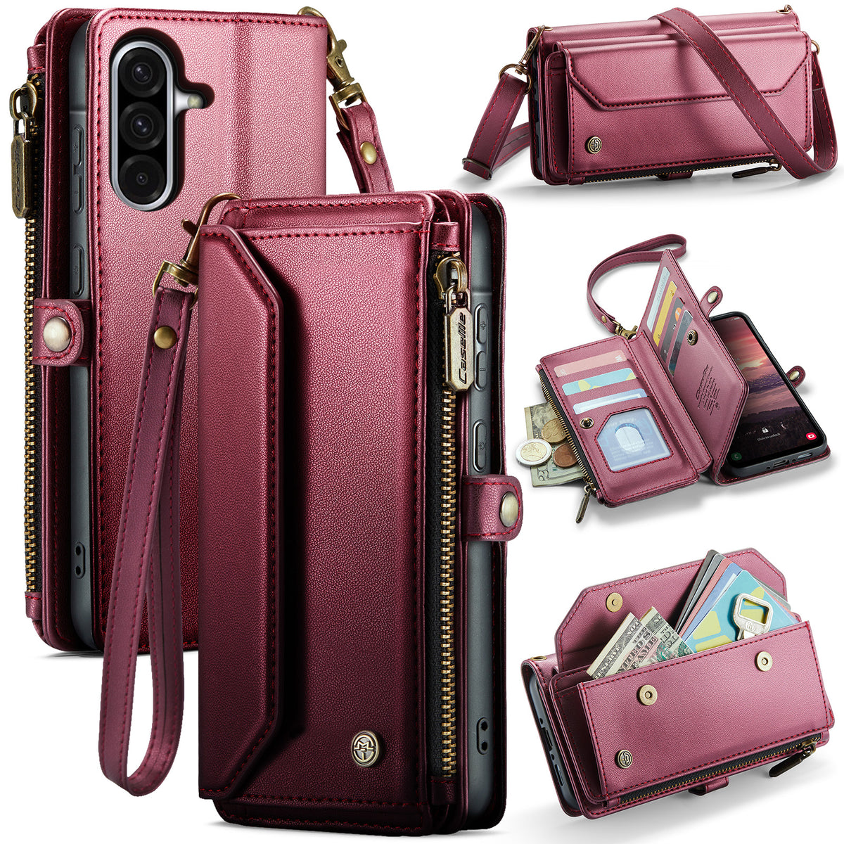 CASEME För Samsung Galaxy A18 5G / A18 4G / A17 5G / A17 4G Läderfodral C36 Dragkedja 10 Kortfack mobilskal med Remmar