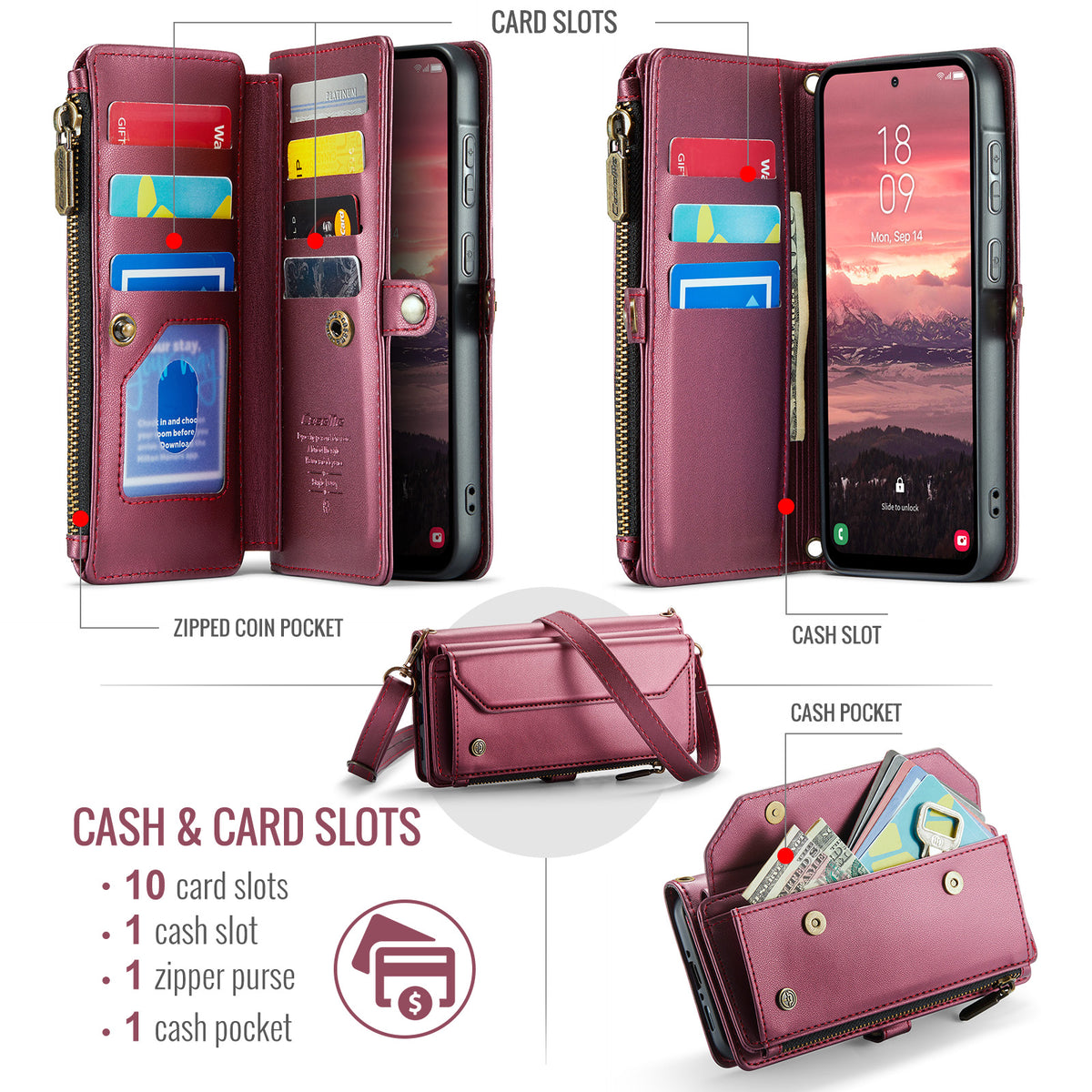 CASEME För Samsung Galaxy A18 5G / A18 4G / A17 5G / A17 4G Läderfodral C36 Dragkedja 10 Kortfack mobilskal med Remmar