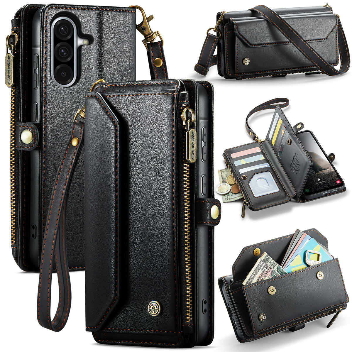CASEME För Samsung Galaxy A18 5G / A18 4G / A17 5G / A17 4G Läderfodral C36 Dragkedja 10 Kortfack mobilskal med Remmar