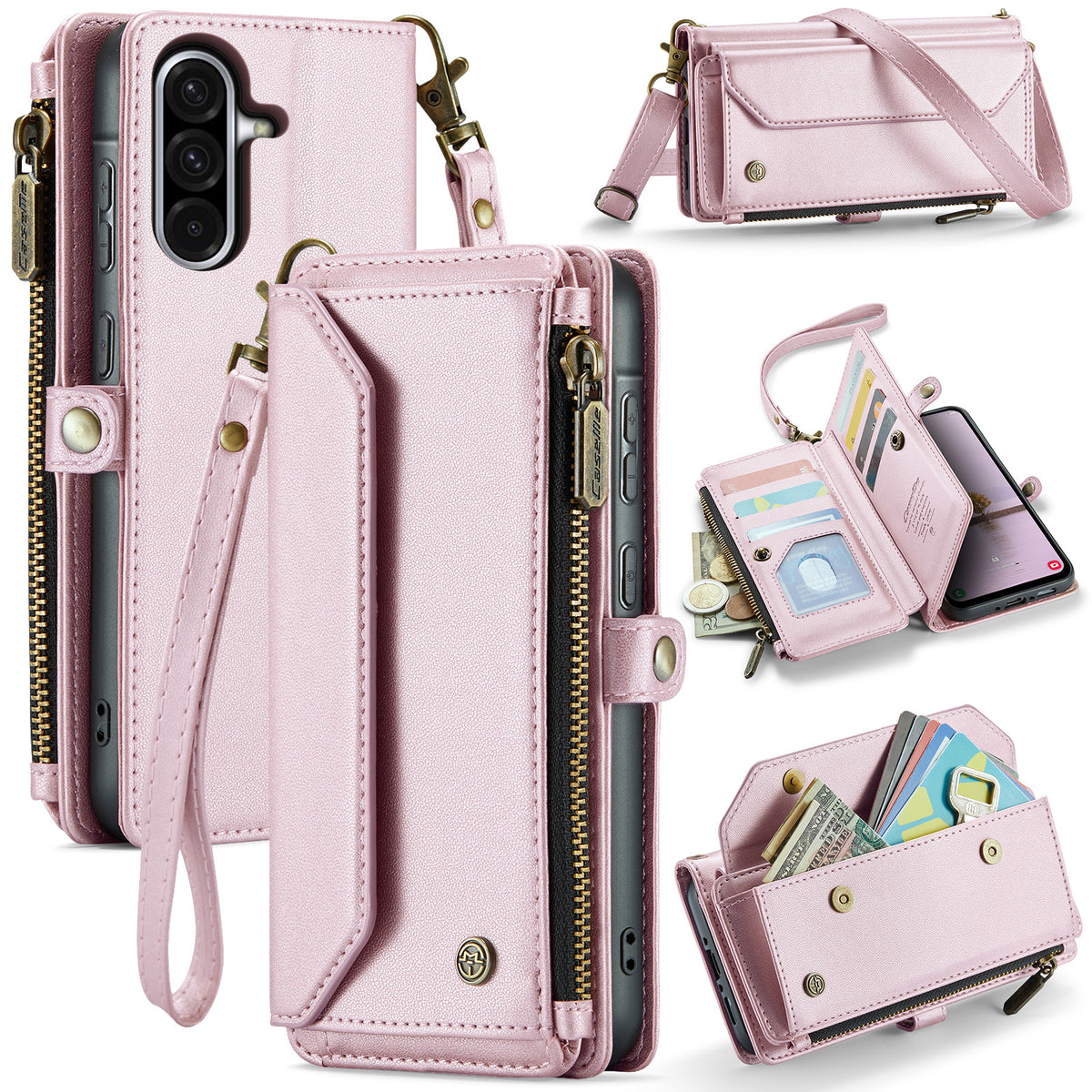 CASEME För Samsung Galaxy A18 5G / A18 4G / A17 5G / A17 4G Läderfodral C36 Dragkedja 10 Kortfack mobilskal med Remmar