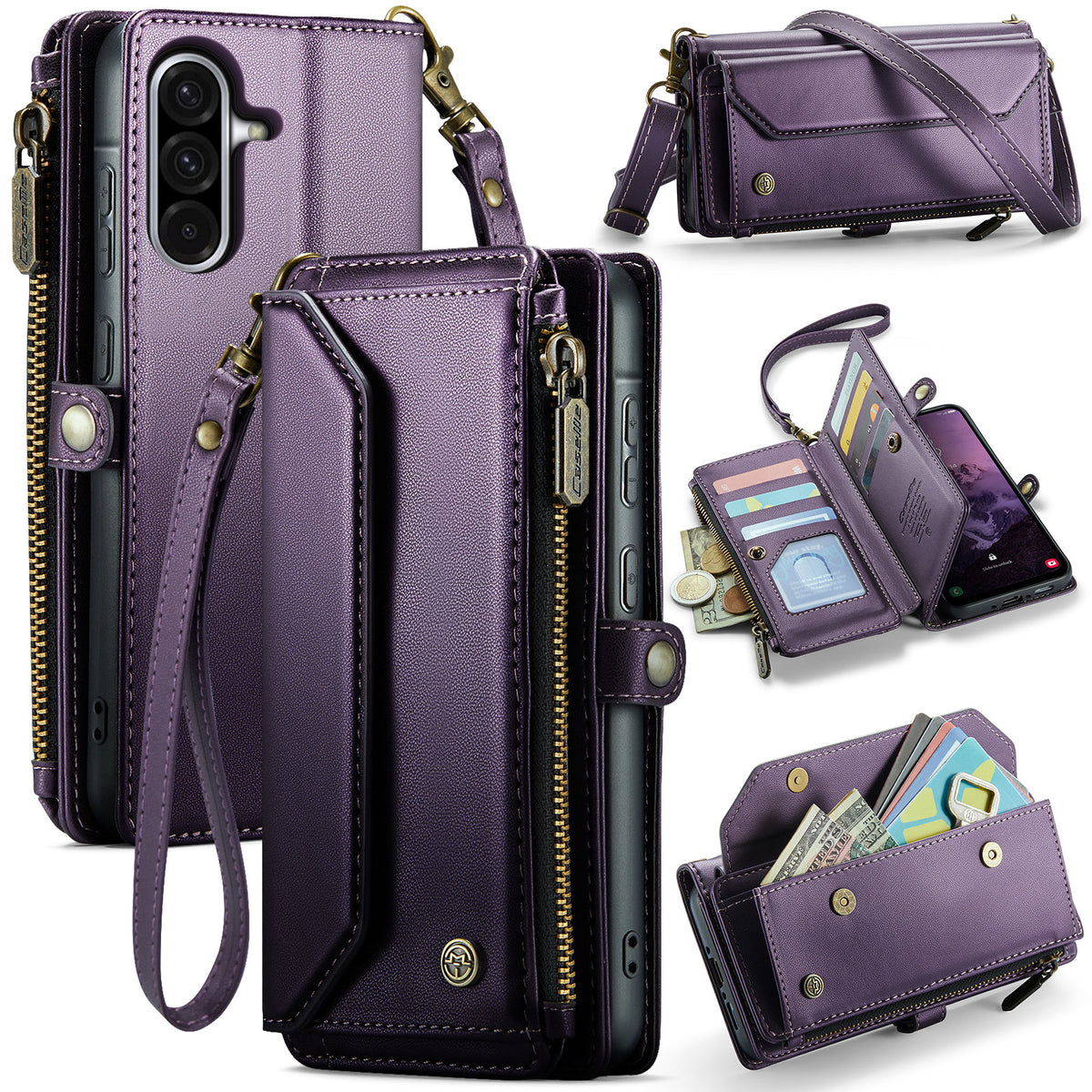 CASEME För Samsung Galaxy A18 5G / A18 4G / A17 5G / A17 4G Läderfodral C36 Dragkedja 10 Kortfack mobilskal med Remmar