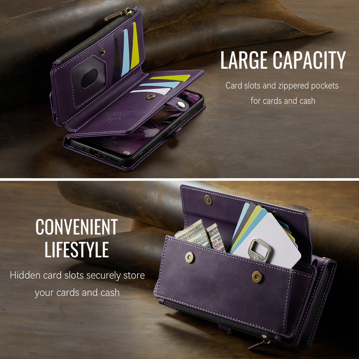 CASEME För Samsung Galaxy A18 5G / A18 4G / A17 5G / A17 4G Skal C39 RFID-blockerande dragkedja plånboksfodral läderfodral med rem