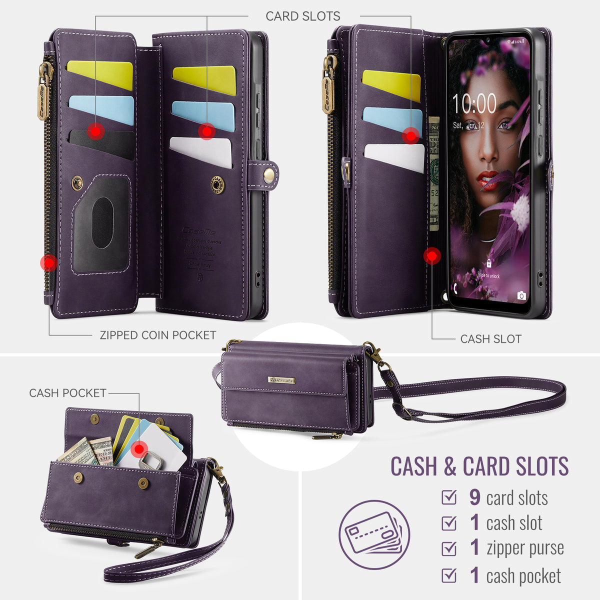 CASEME För Samsung Galaxy A18 5G / A18 4G / A17 5G / A17 4G Skal C39 RFID-blockerande dragkedja plånboksfodral läderfodral med rem
