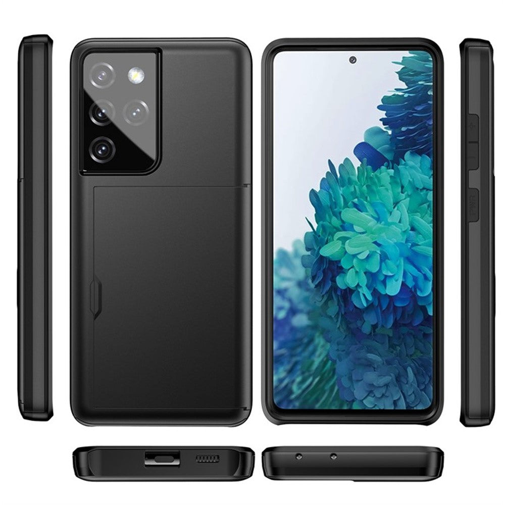 AMORUS For Samsung Galaxy S21 Ultra 5G Case with Sliding Card Holder PC TPU Phone Back Cover