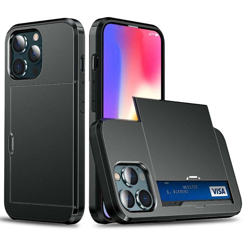 AMORUS For iPhone 13 Pro Case with Sliding Card Holder PC TPU Phone Back Cover