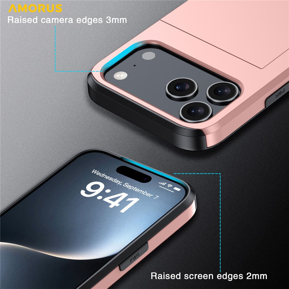 AMORUS For iPhone 18 Pro Max / 17 Pro Max Case with Sliding Card Holder PC TPU Phone Back Cover