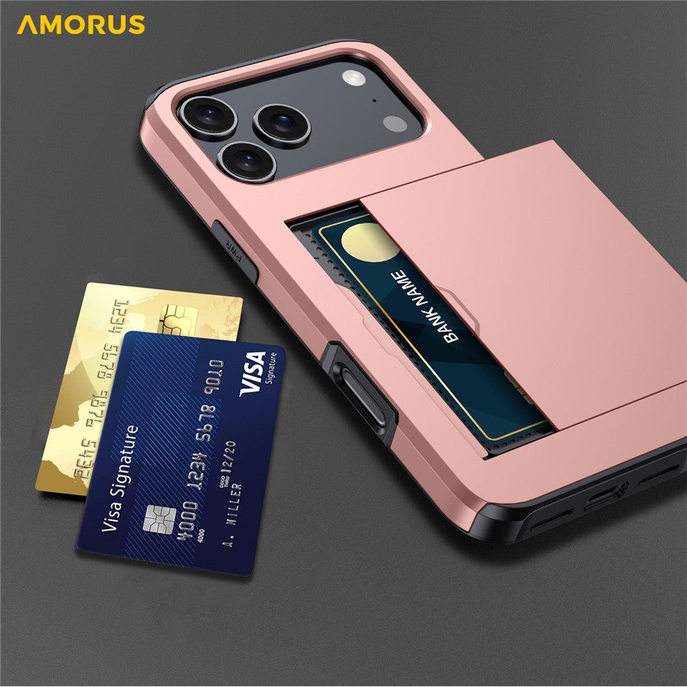 AMORUS For iPhone 18 Pro Max / 17 Pro Max Case with Sliding Card Holder PC TPU Phone Back Cover
