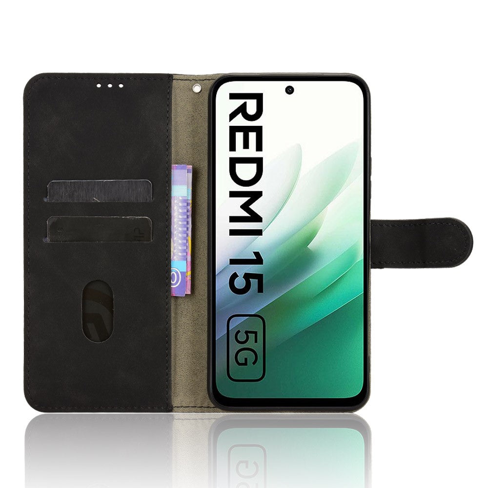 Læderetui til Xiaomi Redmi 15 5G (Global) (169 mm) med læderlook, stødbeskyttende pung og sammenfoldeligt mobilcover