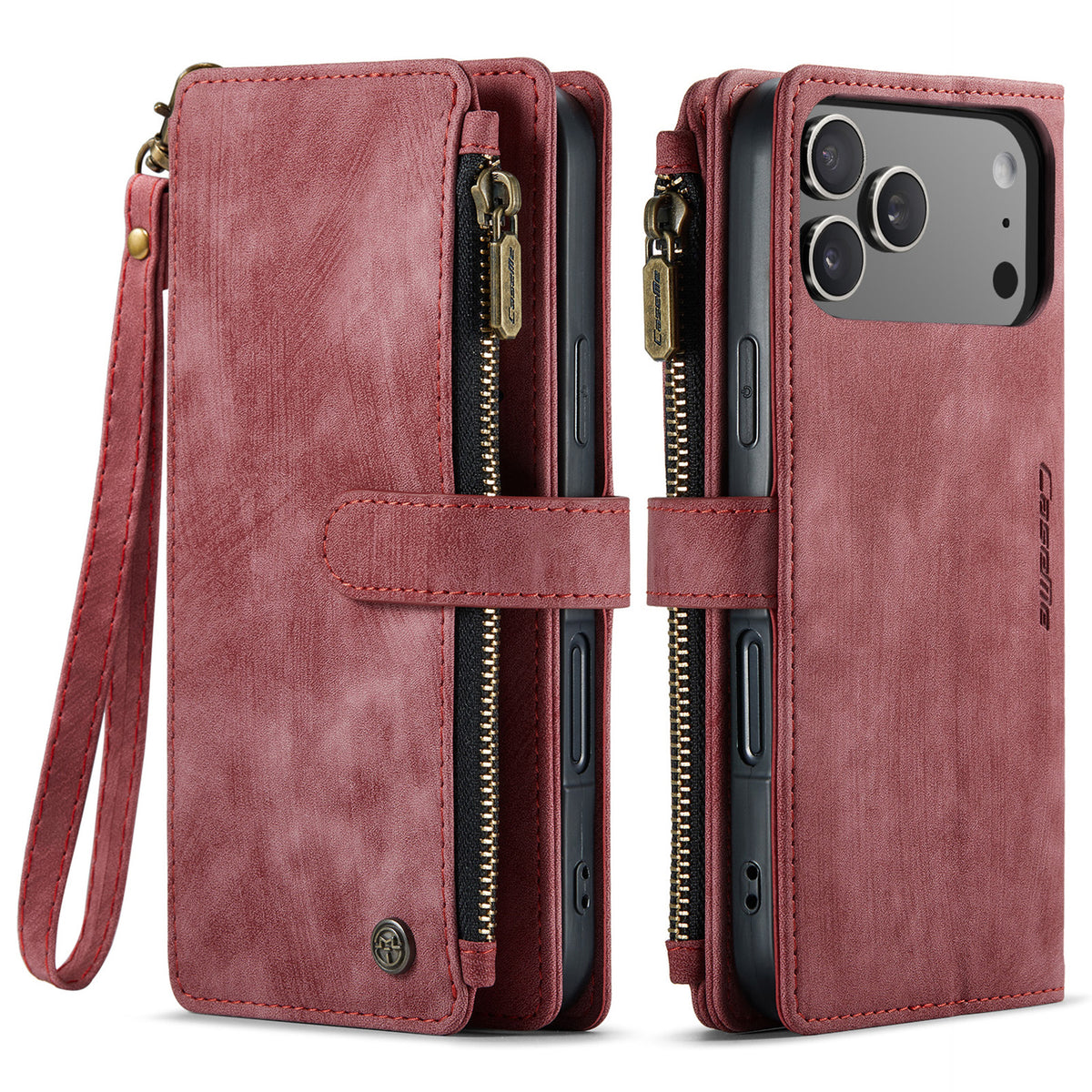 CASEME For iPhone 18 Pro / 17 Pro Phone Cases with Strap C30 Zipper Multiple Card Holder PU Leather Cover
