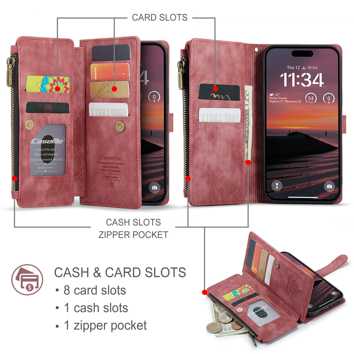 CASEME For iPhone 18 Pro / 17 Pro Phone Cases with Strap C30 Zipper Multiple Card Holder PU Leather Cover