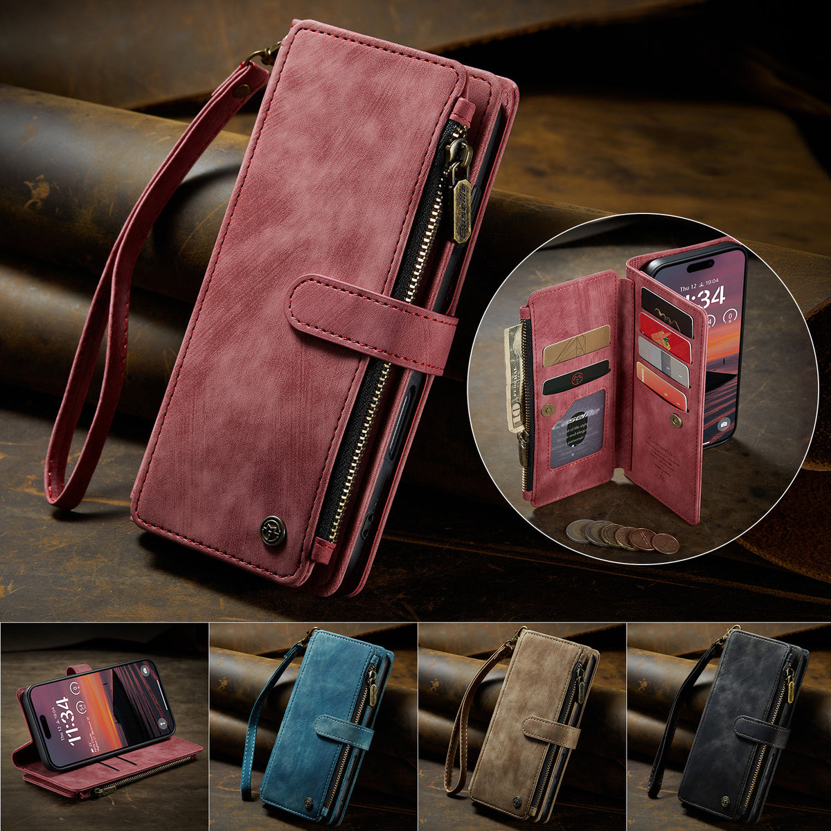 CASEME For iPhone 18 Pro / 17 Pro Phone Cases with Strap C30 Zipper Multiple Card Holder PU Leather Cover