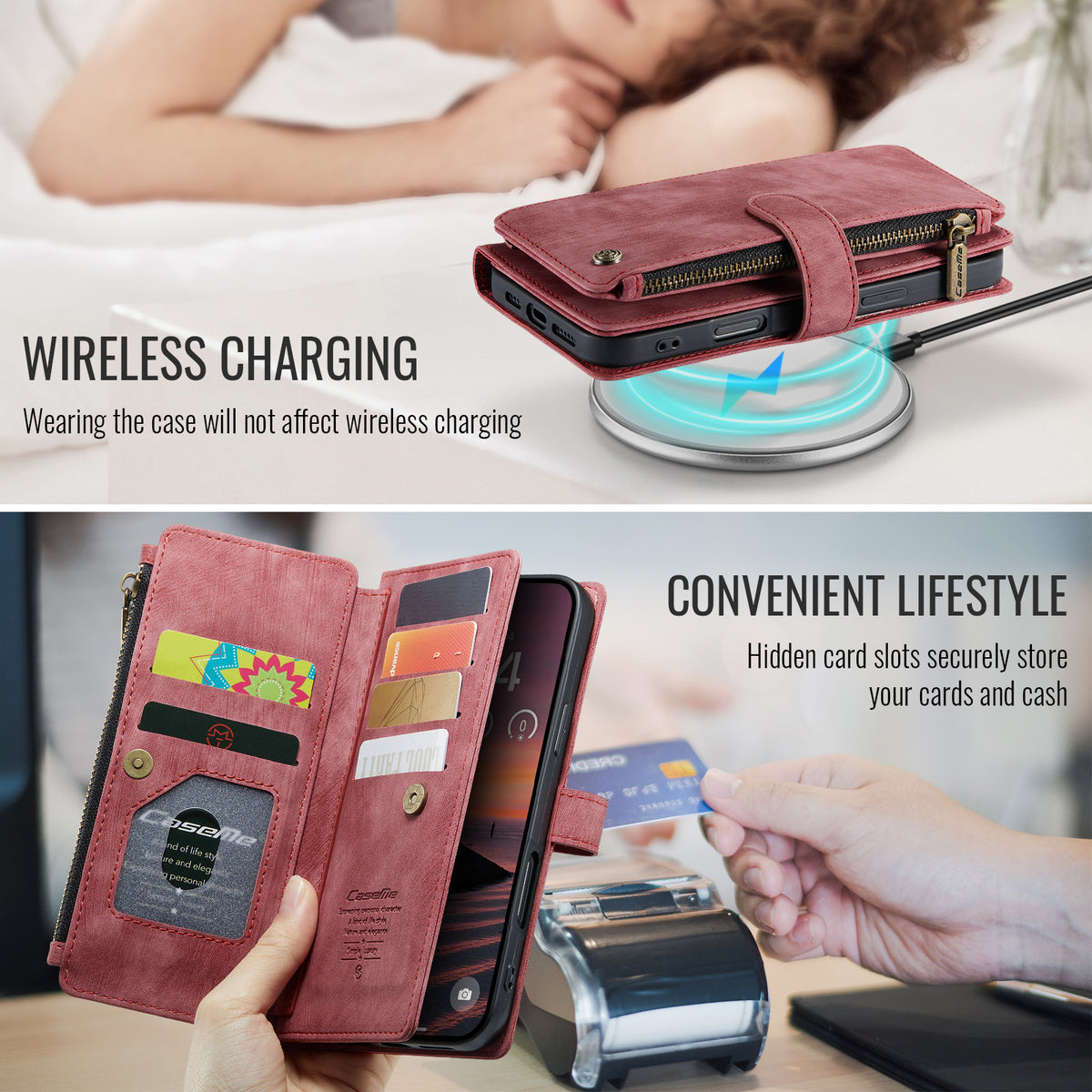 CASEME For iPhone 18 Pro / 17 Pro Phone Cases with Strap C30 Zipper Multiple Card Holder PU Leather Cover