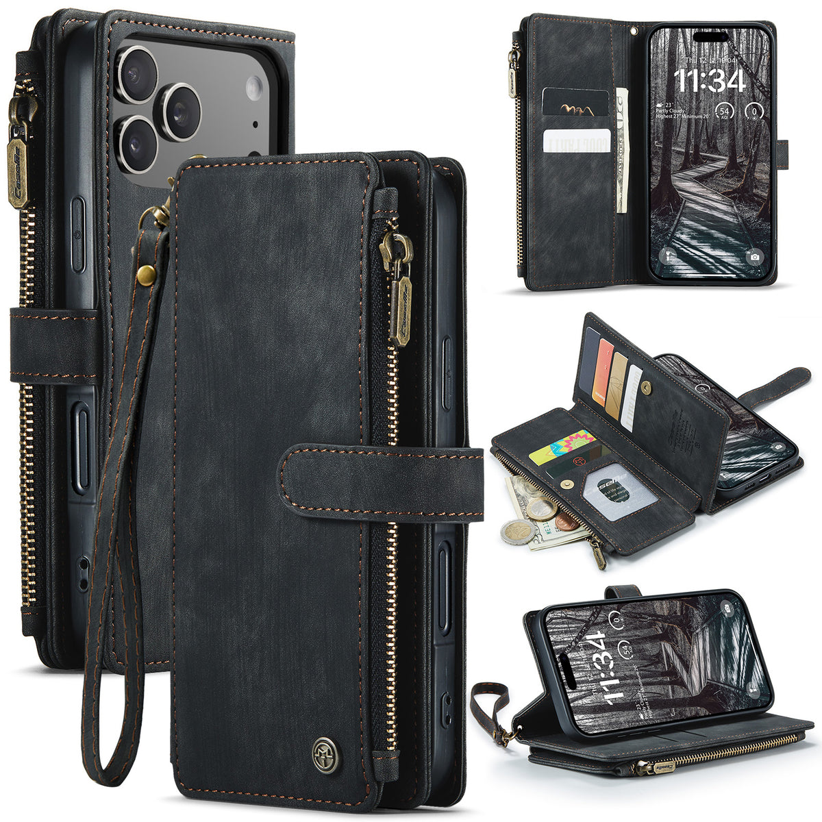 CASEME For iPhone 18 Pro / 17 Pro Phone Cases with Strap C30 Zipper Multiple Card Holder PU Leather Cover