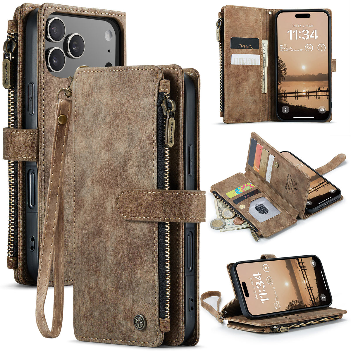 CASEME For iPhone 18 Pro / 17 Pro Phone Cases with Strap C30 Zipper Multiple Card Holder PU Leather Cover