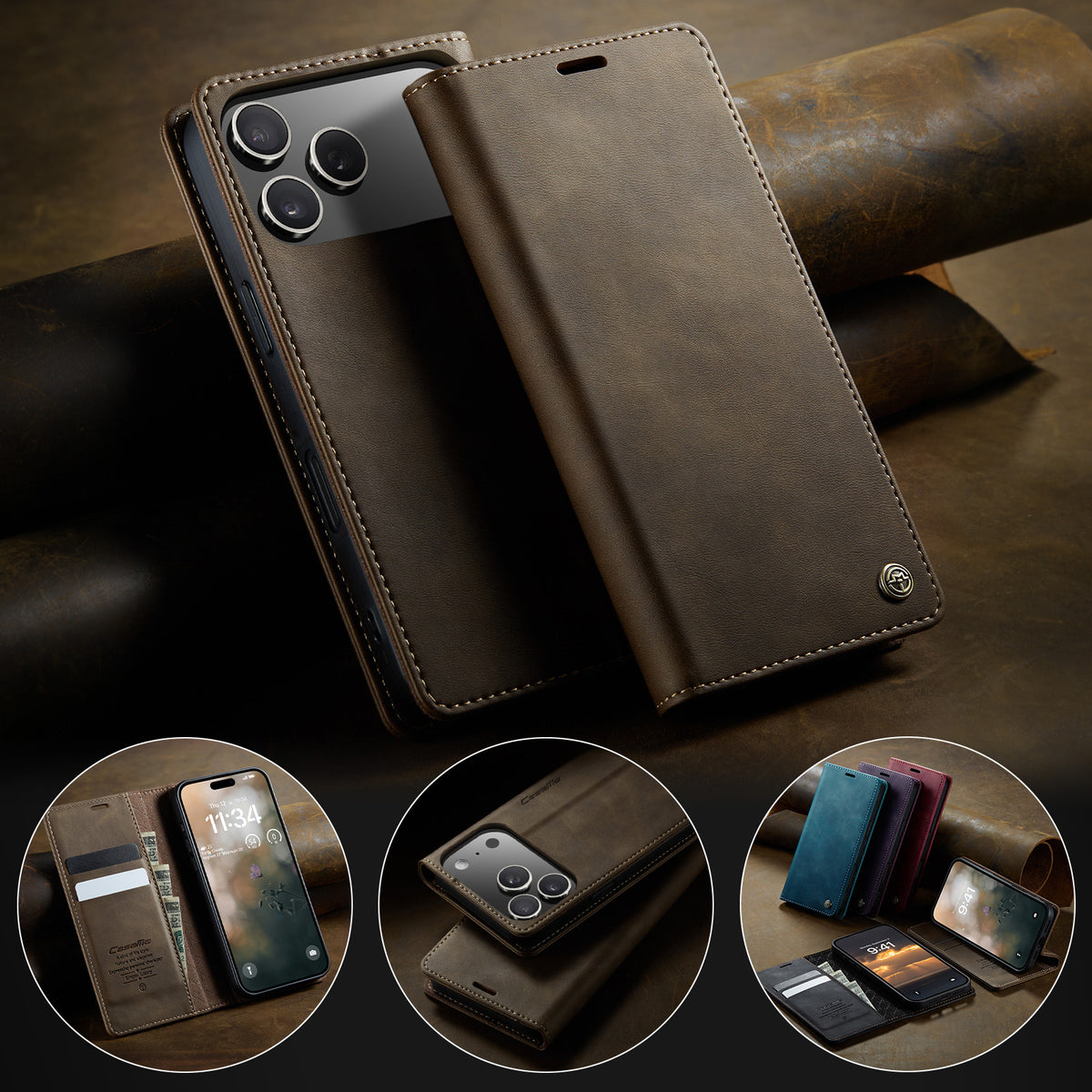 CASEME For iPhone 18 Pro / 17 Pro Case  033 Series RFID Blocking Wallet Stand Calf Texture Leather Phone Cover