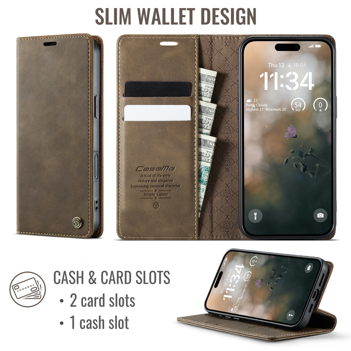 CASEME For iPhone 18 Pro / 17 Pro Case  033 Series RFID Blocking Wallet Stand Calf Texture Leather Phone Cover