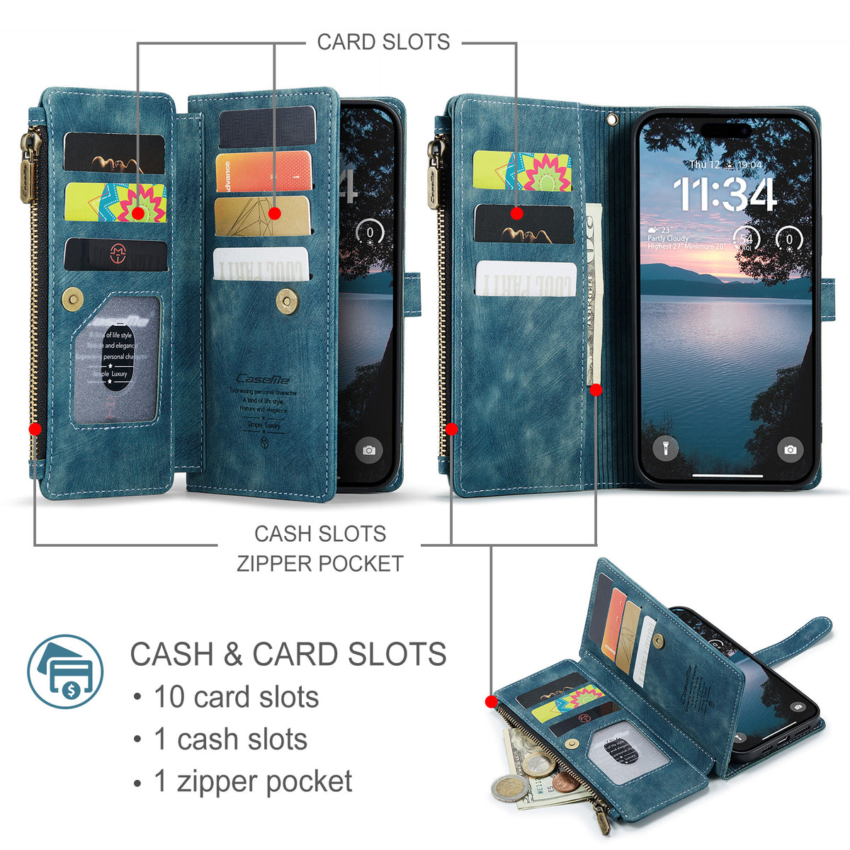 CASEME For iPhone 18 Pro Max / 17 Pro Max Phone Cases with Strap  C30 Zipper Multiple Card Holder PU Leather Cover